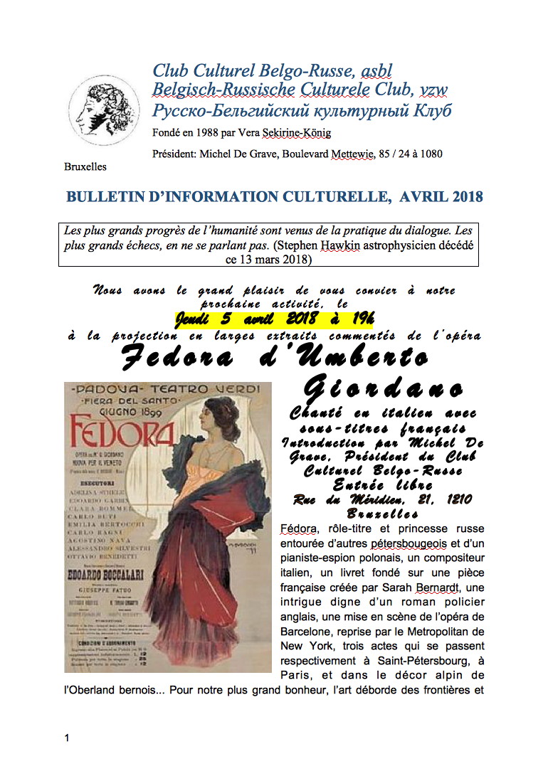 CCBR, Bulletin d'information culturelle, Avril 2018.